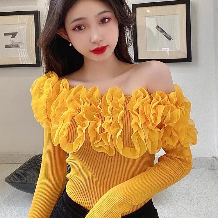甜美少女立体花朵一字领针织打底衫毛衣上衣女修身内搭显瘦秋冬款
