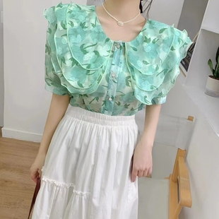 碎花雪纺衬衫女夏季新款气质层层荷叶边宽松短袖上衣超仙显瘦女装