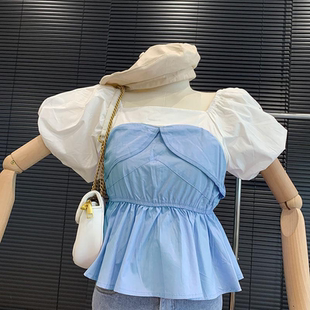 清仓不退换短袖韩版百搭修身型套头女士衬衫方领小个子显高女装