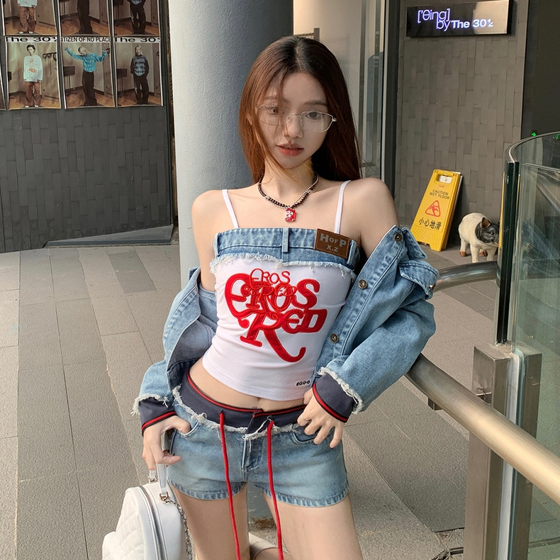 欧美小众设计感重工刺绣吊带