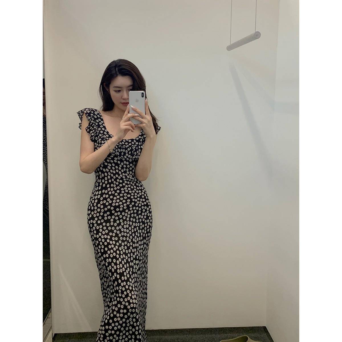 Lazy zoe少女心事 黑白雏菊碎花收腰连衣裙枫叶印花真丝吊带裙