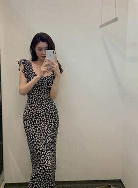 Lazy zoe少女心事 黑白雏菊碎花收腰连衣裙枫叶印花真丝吊带裙
