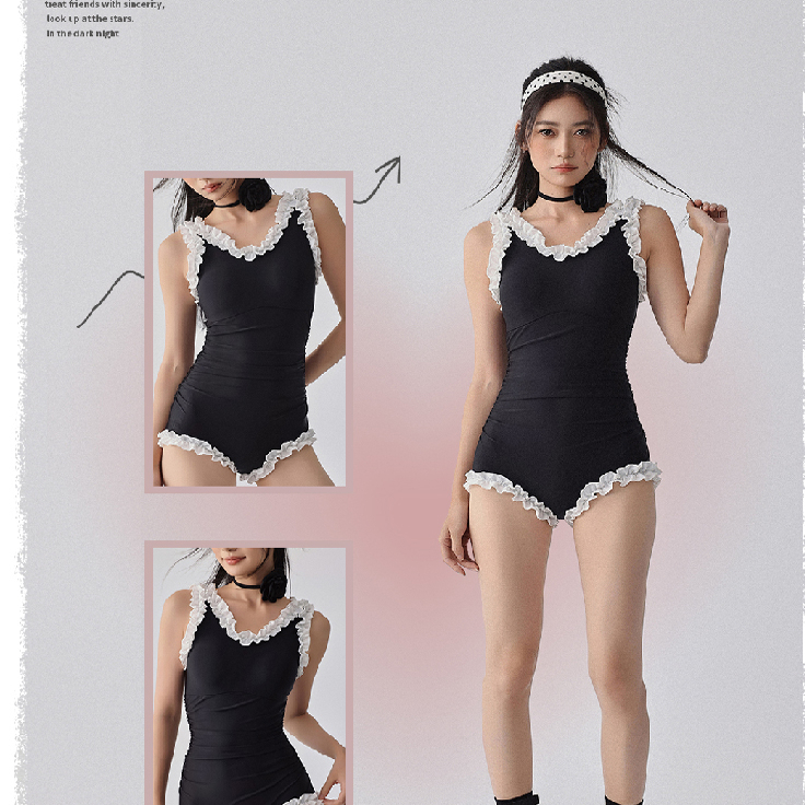 新款荷叶边连身平角小胸聚拢泳衣G显瘦L遮肚温泉度假游泳衣女