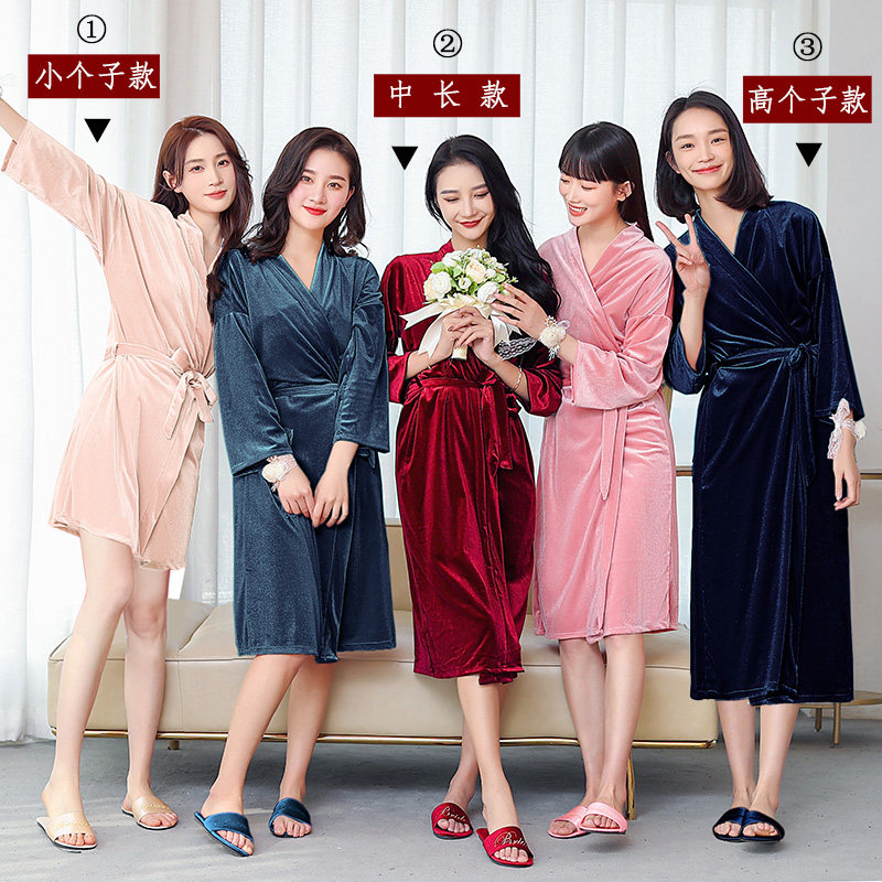 晨袍女新娘秋冬季高级感金丝绒伴娘晨袍加厚大码长款结婚红色婚礼_虎窝淘
