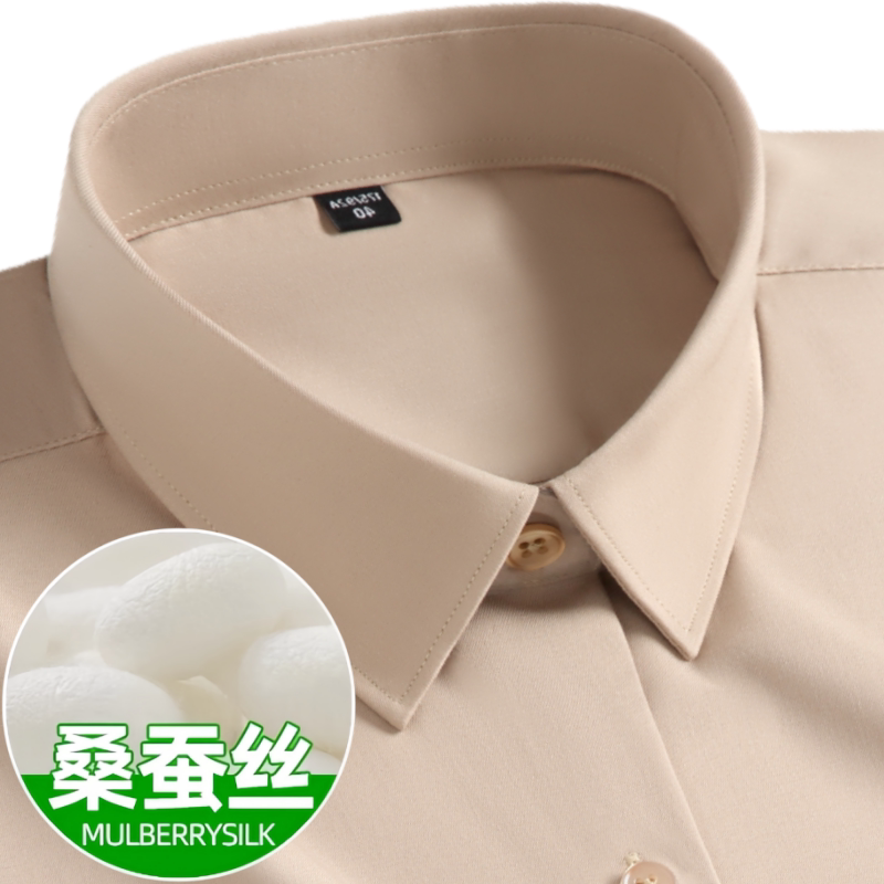 高级感桑蚕丝免烫长袖衬衫男士春季商务休闲纯色轻奢大码弹力衬衣