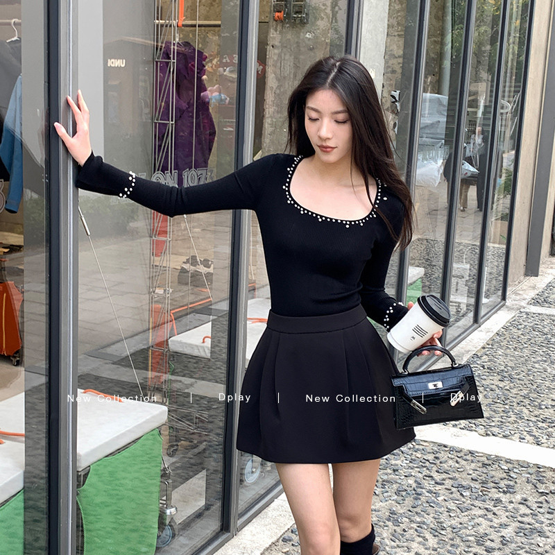 DPLAY【珠光星辰系列】2025年冬季新款黑色针织衫女珍珠羊毛上衣