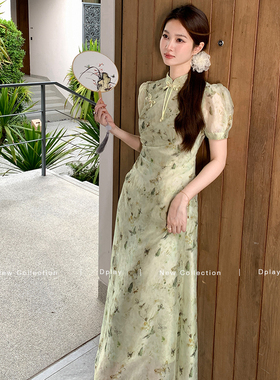 DPLAY2025夏季新中式薄荷曼绿色印花短袖改良旗袍国风连衣裙女