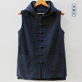青欢记中式 盘扣休闲马甲男宽松文艺上衣春秋亚麻连帽背心户外坎肩