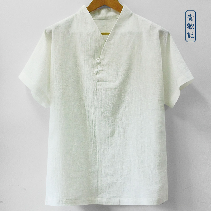 原创夏季汉服t恤男中国风宽松亚麻道服短袖复古大码透气休闲衣薄