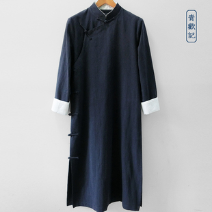 原創(chuàng)春秋國(guó)風(fēng)大碼 民國(guó)寬松盤扣漢服復(fù)古亞麻立領(lǐng)長(zhǎng)袍大褂 長(zhǎng)衫 唐裝