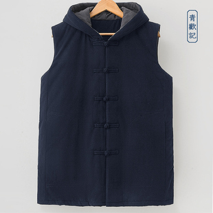 原创冬季大码加厚亚麻马甲男士中国风连帽休闲坎肩棉麻宽松棉服