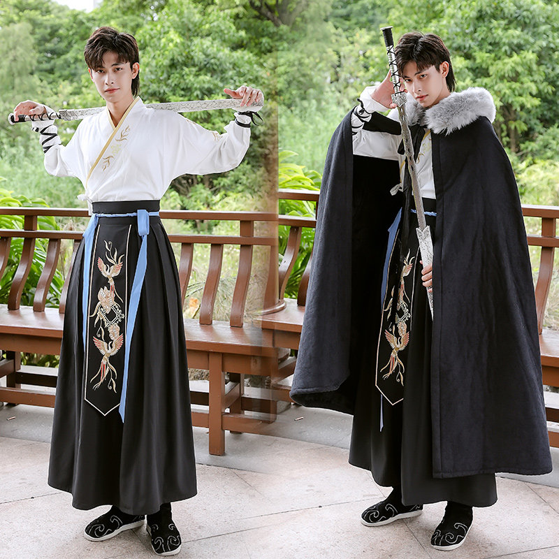 원래 망토 HANFU 남자의 가을 겨울 고대 스타일 중간 길이 플러스 벨벳 두꺼운 후드 모피 칼라 고대 의상 무술 망토
