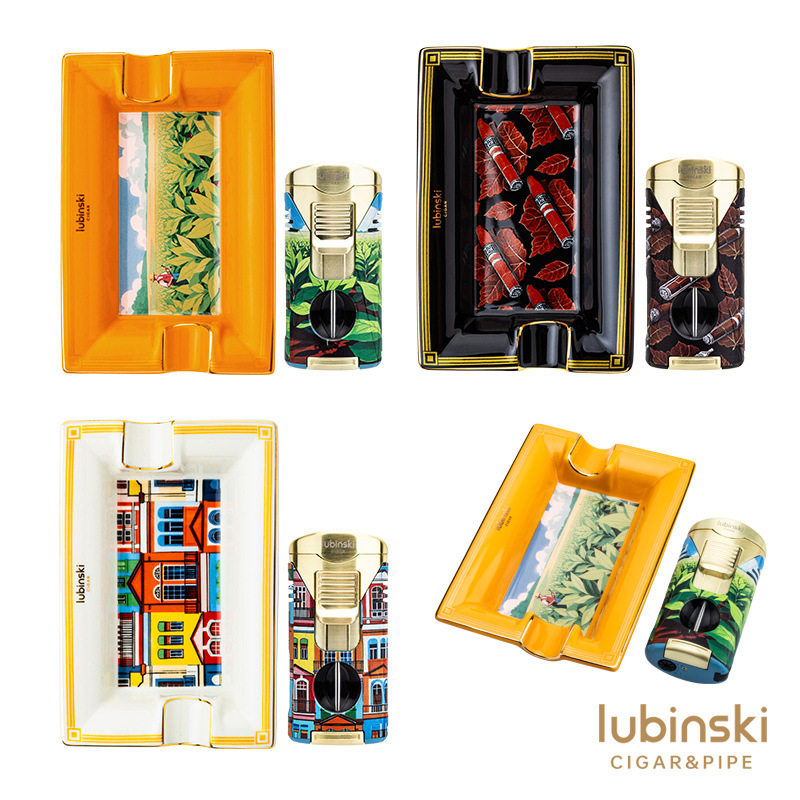 鲁宾斯基雪茄配件两件套双直冲打火机骨瓷烟灰缸LUBINSKI雪茄套装