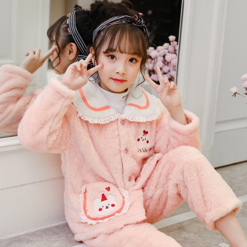 秋冬季儿童珊瑚绒睡衣加厚法兰绒