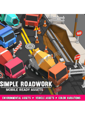 Unity优三缔卡通低多边形卡车施工游戏环境场景Simple Roadwork