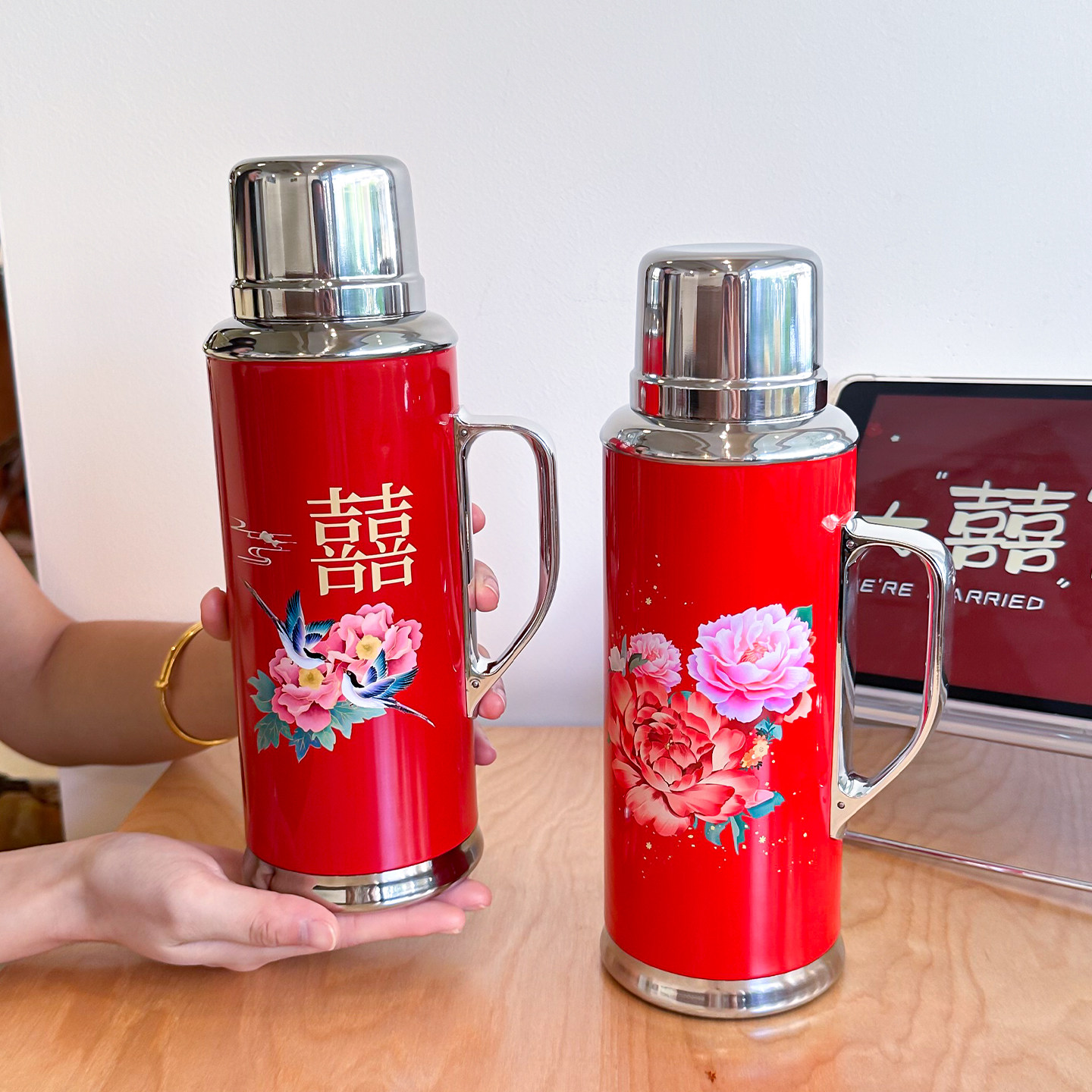 中式双喜保温杯结婚礼物复古泡茶手柄钛杯80年代怀旧水壶陪嫁暖瓶