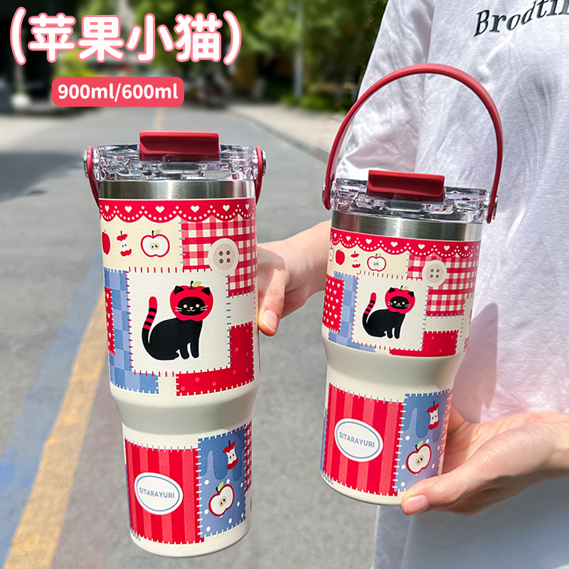 巨无霸保温杯可爱猫咪咖啡冰霸杯女生高颜值办公室保冷双饮吸管杯