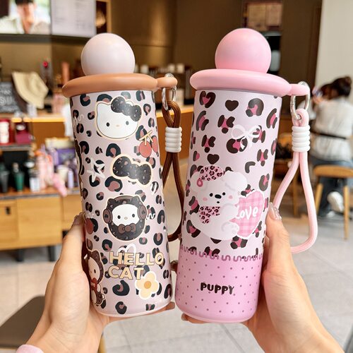 Hellokitty水杯女2026新款复古豹纹吸管保温杯精致便携随行咖啡杯