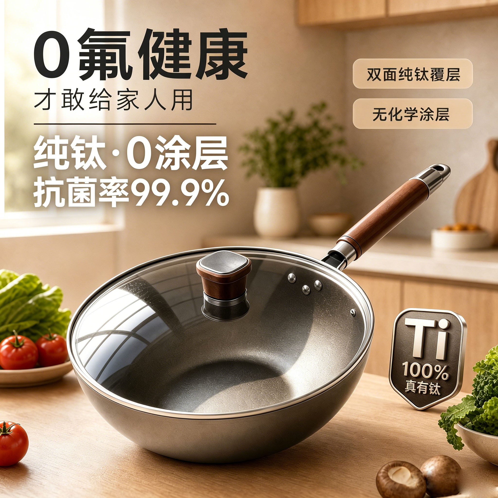 纯钛无涂层不粘锅炒锅家用炒菜锅不锈钢钛锅电磁炉燃气灶专用锅