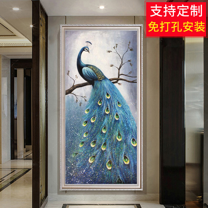 定做绘欧式简贵富孔雀玄关油画约过道廊走客厅手卧室竖画版装饰原图片