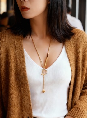 D字母钛钢项链女轻奢小众设计感高级气质百搭锁骨链中长款毛衣链