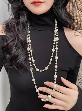 2025法式高级长款叠戴珍珠项链女秋冬独特设计小众轻奢大气毛衣链