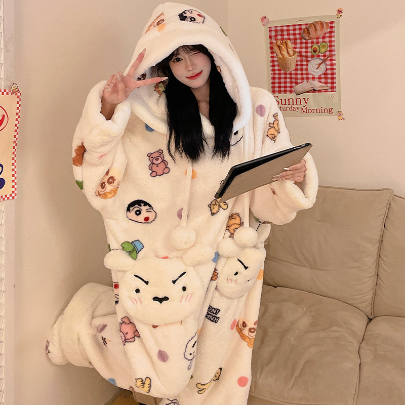 蜡笔小新珊瑚绒连体睡衣女秋冬季保暖情侣睡袍冬天卡通连帽家居服