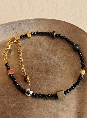 原创设计新中式天然石黑尖晶石复古串珠手链女款小众极细叠戴手串