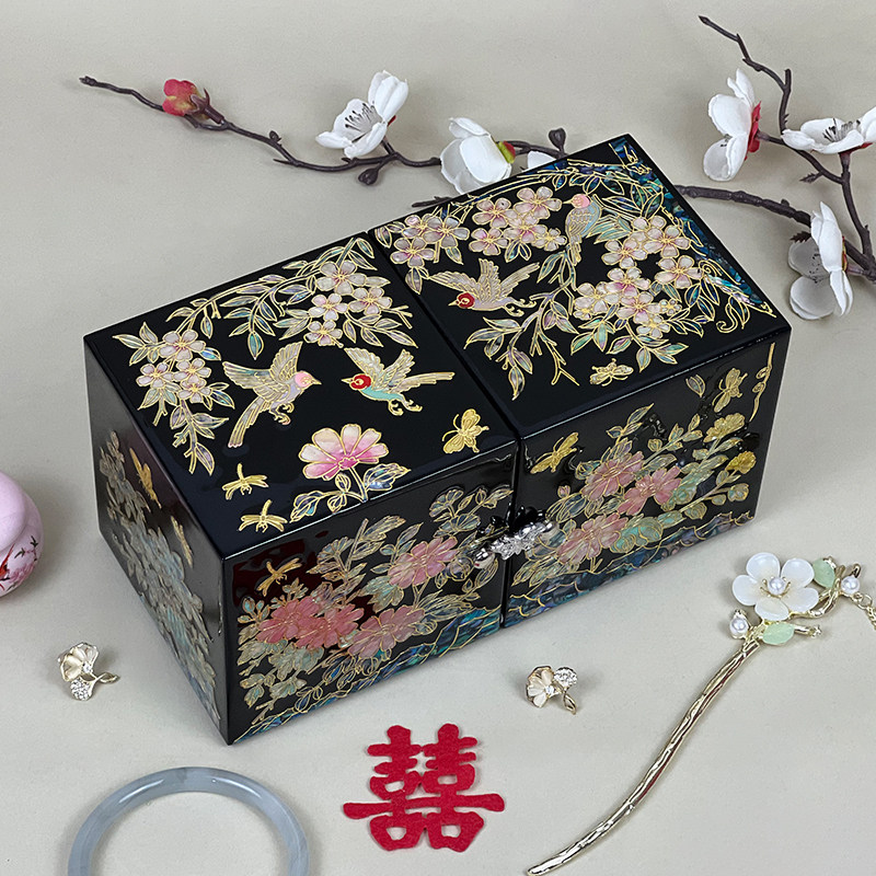 平遥漆器珠宝收纳盒镶嵌螺钿鲍鱼贝壳工艺品中国风首饰盒精致高档