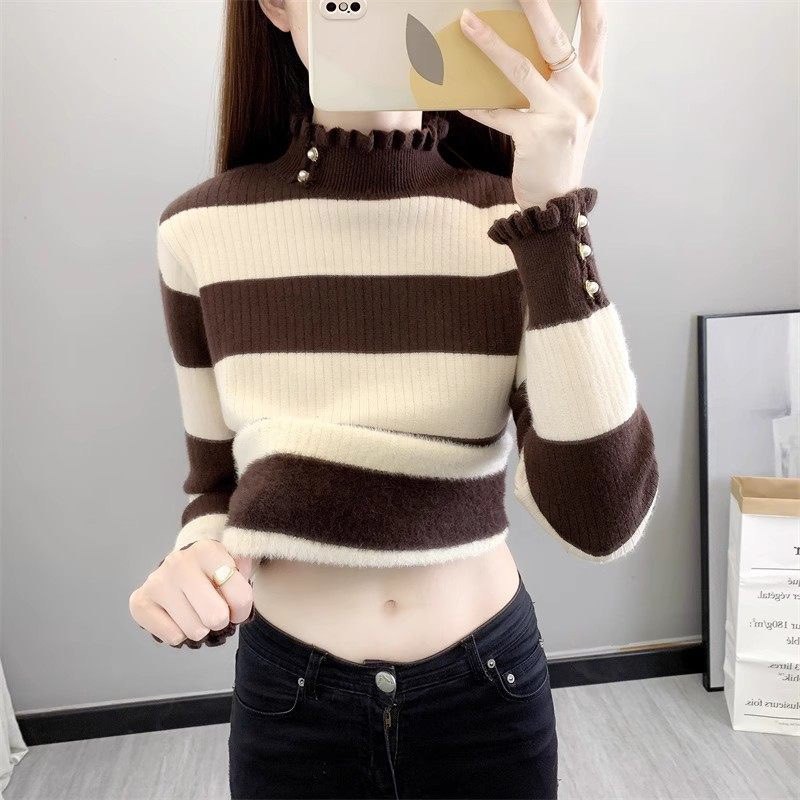 2026冬季新款荷叶领一体绒毛衣女套头洋气内搭针织加绒打底衫上衣,女装/女士精品,羊绒衫,淘宝优惠券,粉丝福利购,淘宝优惠卷