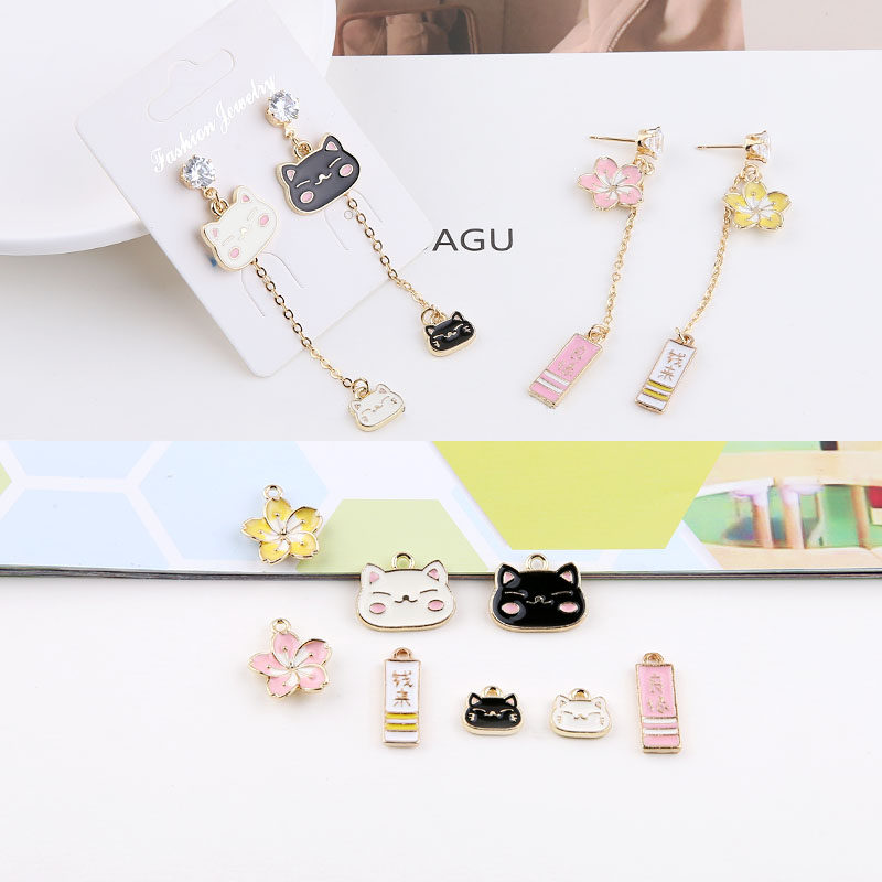 diy饰品配件滴油卡通呆萌猫咪头像樱花良缘钱来耳环手作材料挂件