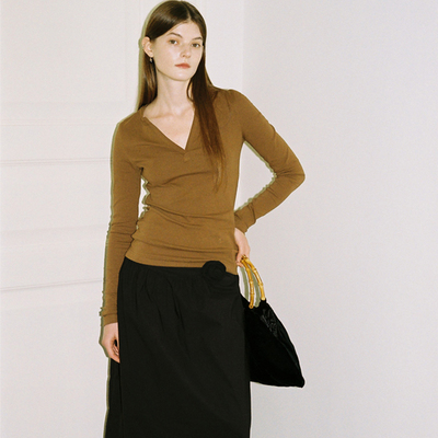 亨利领修身长袖T恤清仓黑/卡其