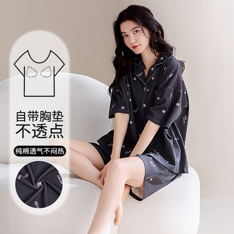 家居服带固定胸垫纯棉睡衣女夏翻领开衫卡通大码短袖短裤两件套装