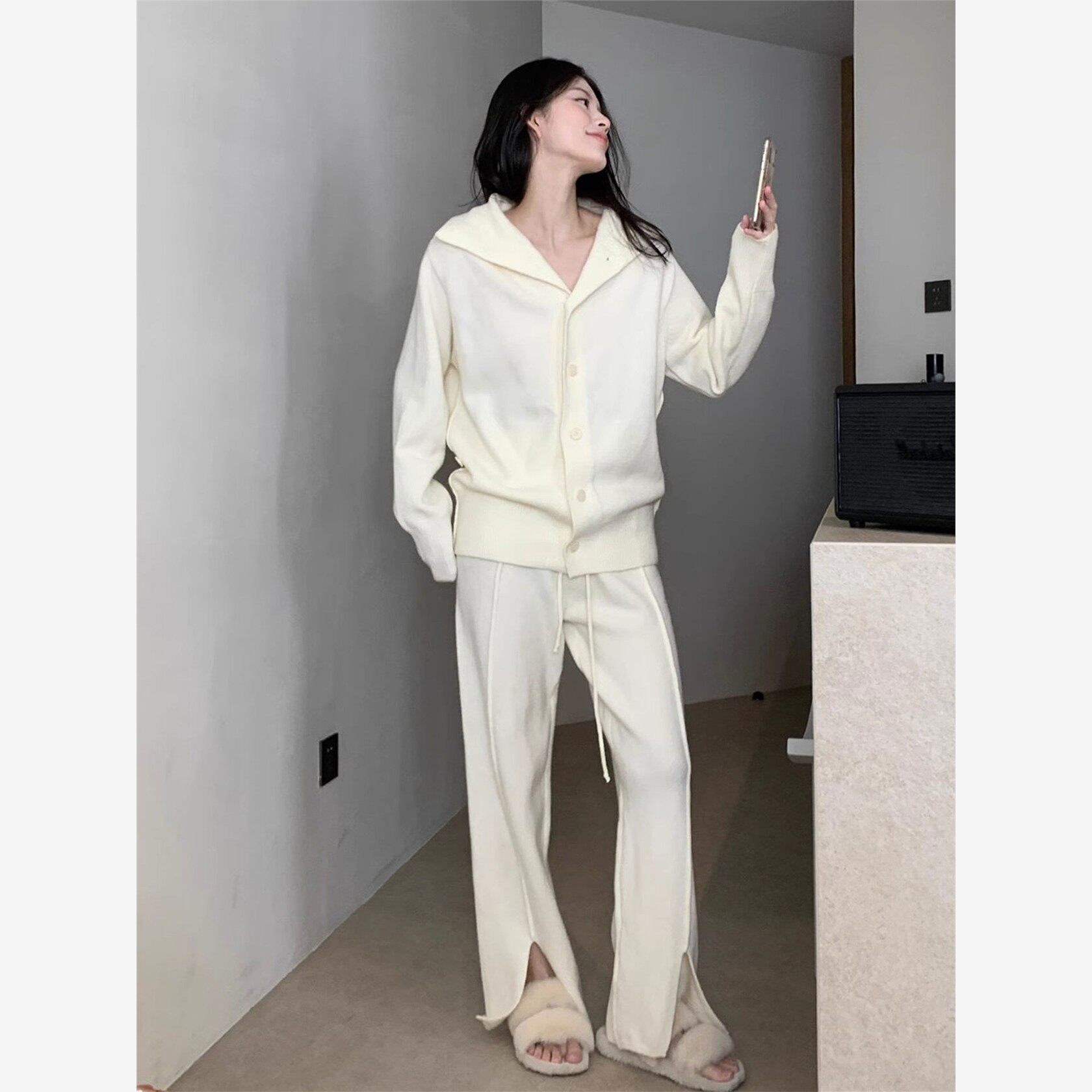 休闲减龄针织套装女秋冬慵懒风宽松开衫毛衣开叉阔腿裤时尚两件套