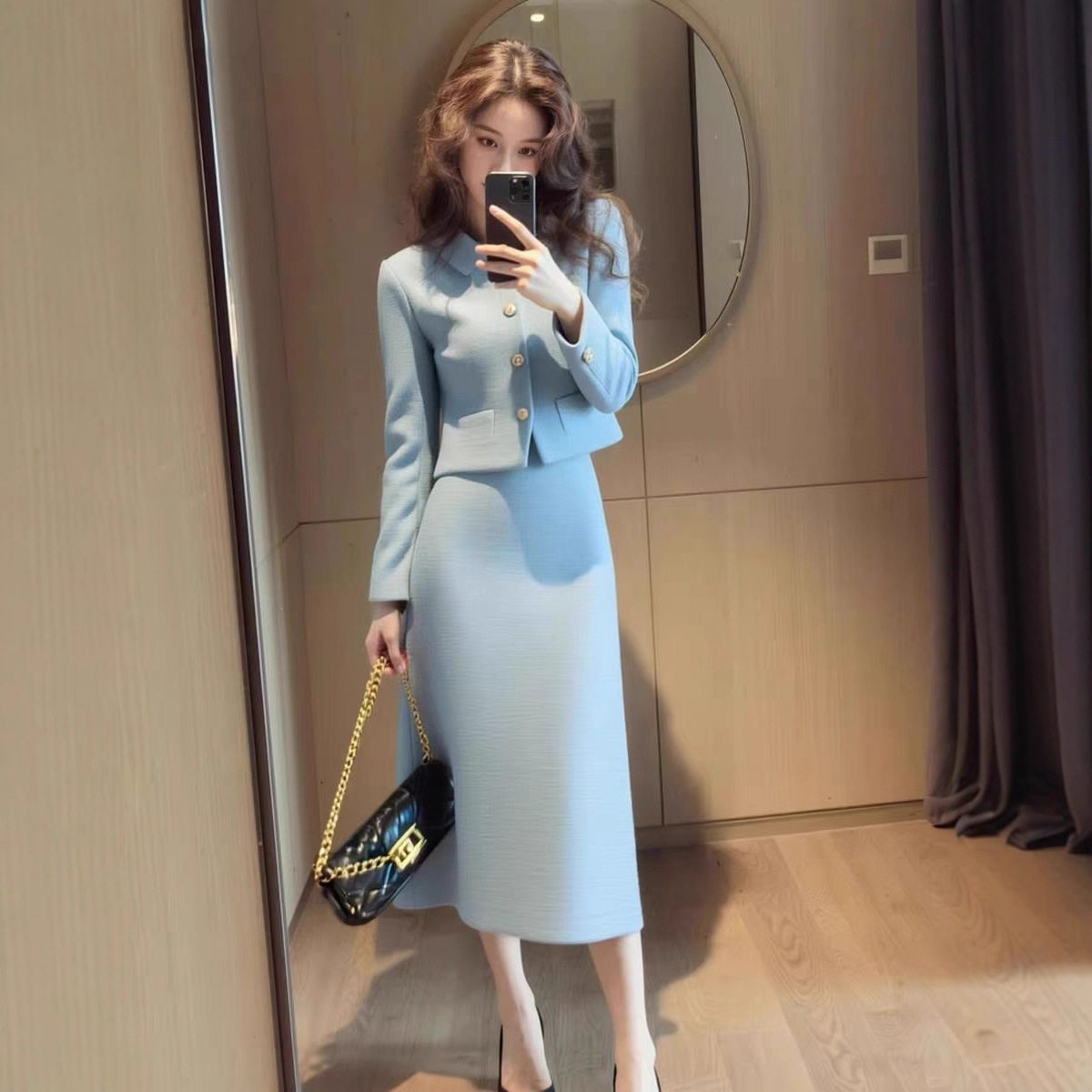 巨好看秋冬装一整套大方得体气质名媛小香风蓝色外套半身裙套装女