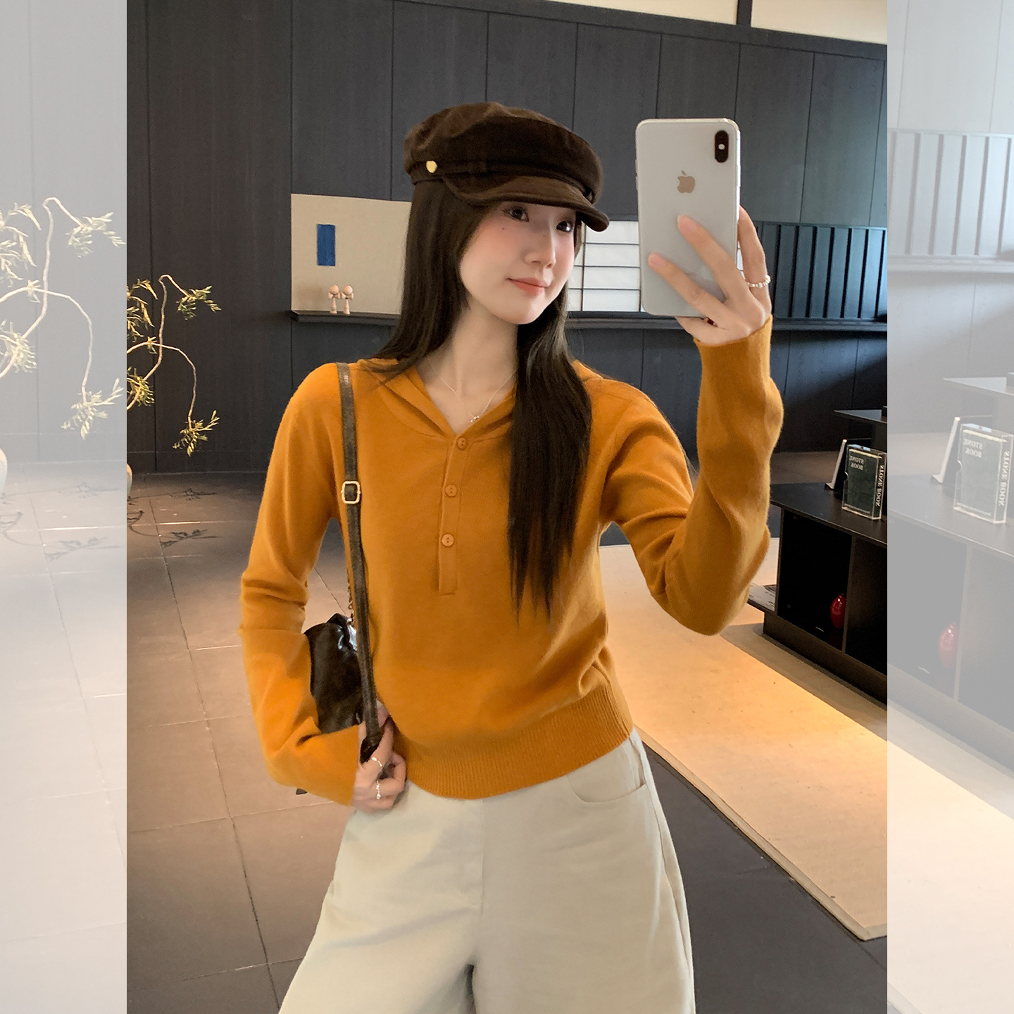 韩系纽扣连帽长袖针织打