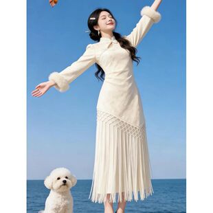 新中式国风立领加绒加厚改良旗袍高级感气质修身假两件连衣裙25冬