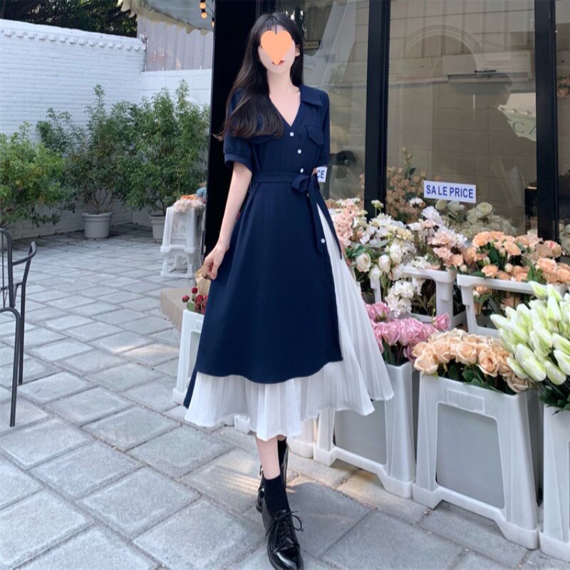 设计感假两件文艺范气质V领衬衫连衣裙女夏季法式温柔收腰长裙子