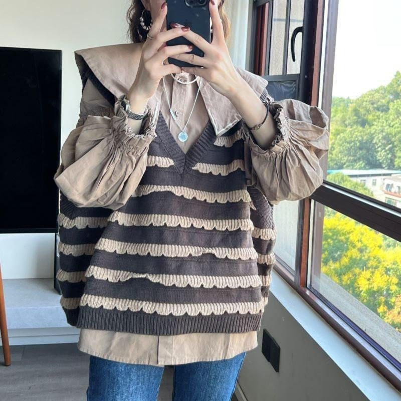 春装2025新款女套装小洋装减龄时髦娃娃领衬衫搭配马甲叠穿两批发