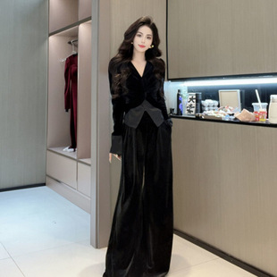 金丝绒拼接气质时尚两件套装喇叭袖上衣加松紧腰阔腿裤子修身秋冬