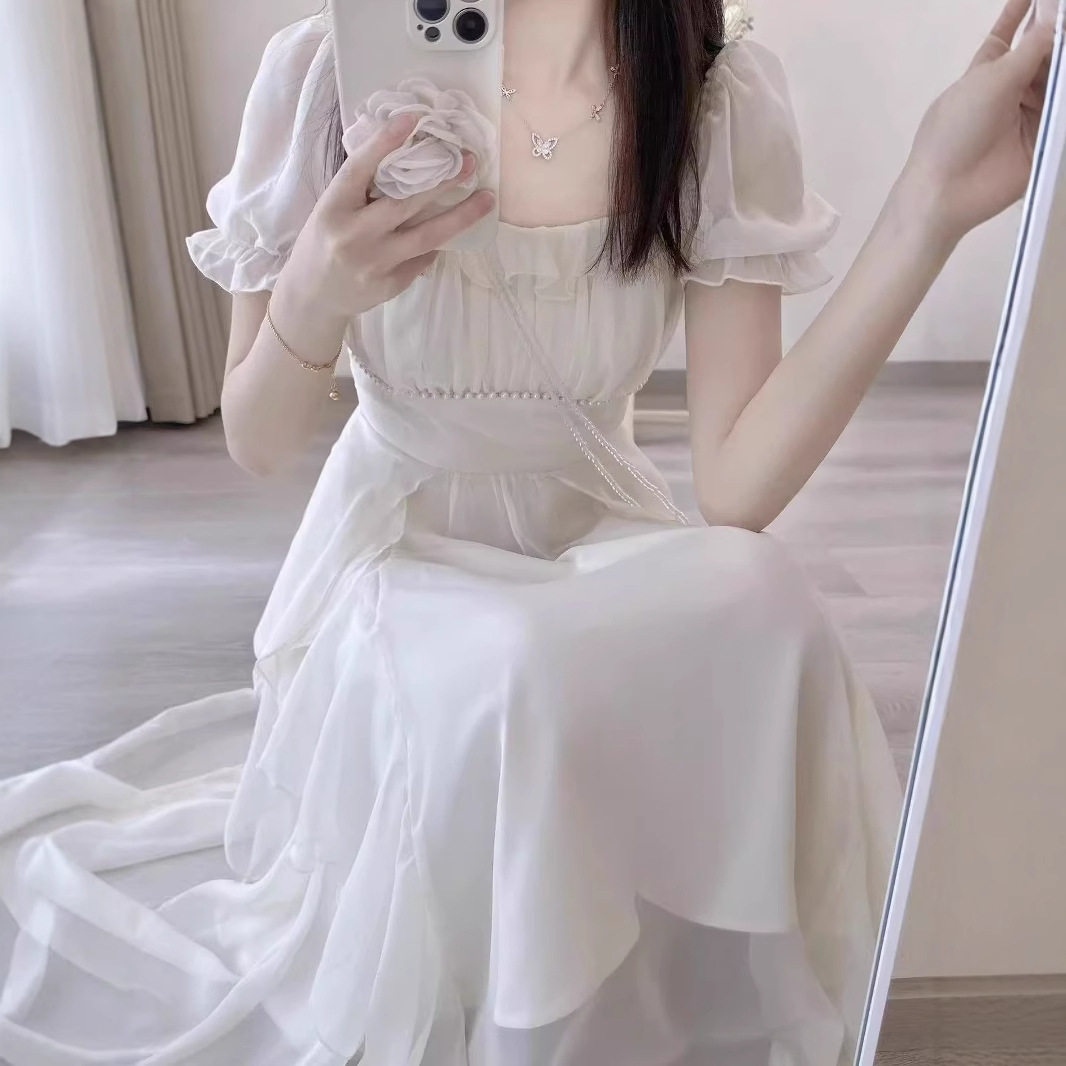 法式白色高级感仙女连衣裙女夏季2025新款超仙公主裙温柔风长裙子