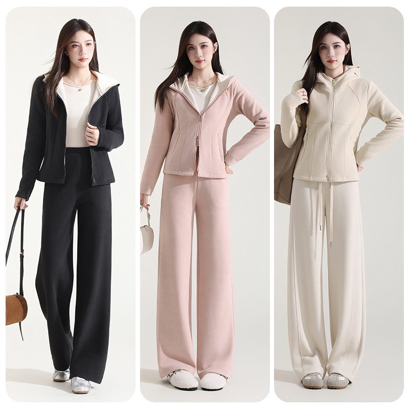 锋与兰 运动卫衣套装女装冬季长袖加绒加厚连帽两件套批发Y8857