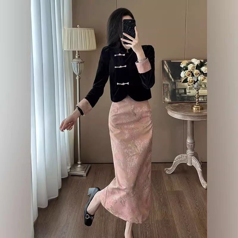 2025春季新款复古风盘扣上衣开叉半身裙女御姐气质新中式国风套装