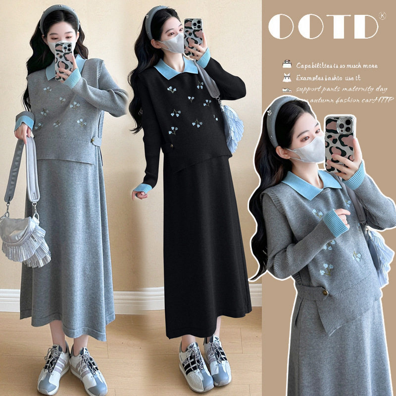 孕妇连衣裙2025新款秋冬时尚针织上下装两件套显瘦毛衣半身裙套装