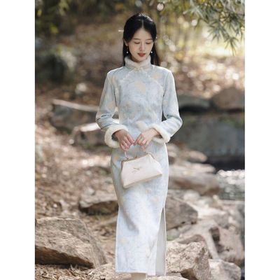 《心梦》年轻款改良收腰冬季改良旗袍粉色长袖减龄显瘦少女连衣裙