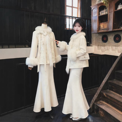 巨好看的冬装一整套大码胖mm新中式千金毛领毛呢外套鱼尾裙套装女