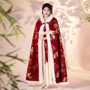 汉服披风女冬季新款古风新娘秀禾结婚斗篷加厚保暖毛领红色披肩