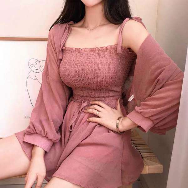 2025法式防晒外套短裤雪纺衣服气质吊带上衣套装女秋三件套女装