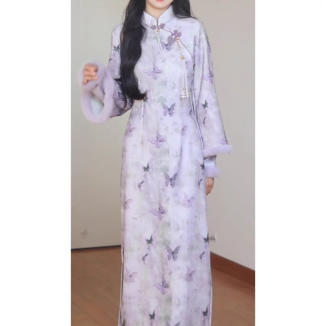 紫色旗袍2024秋冬季新款