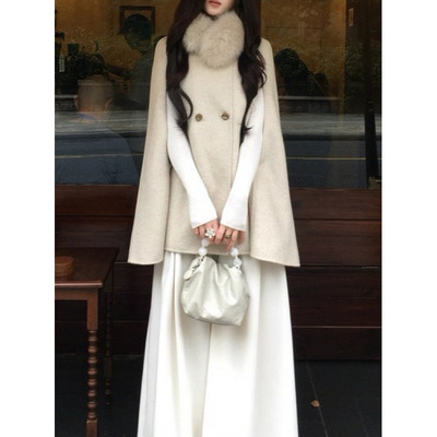 财阀千金羊毛双面呢斗篷毛呢外套女秋冬短款呢子大衣